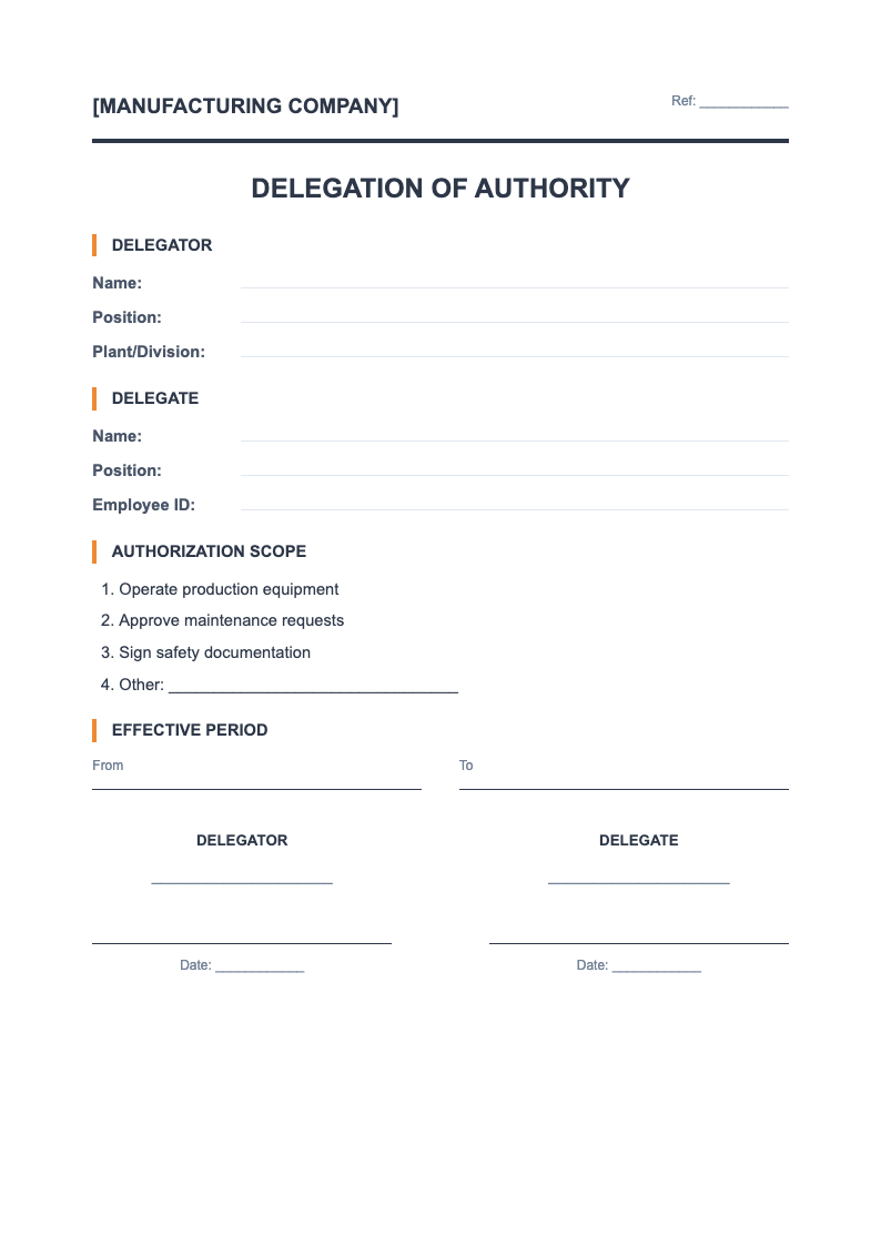 Manufacturing corporate delegation of authority